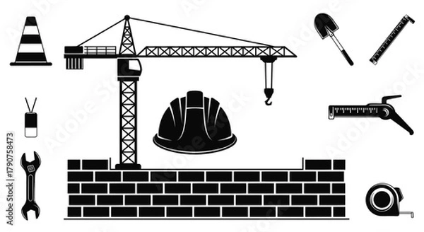 Fototapeta A collection of construction industry equipment and building materials is displayed.