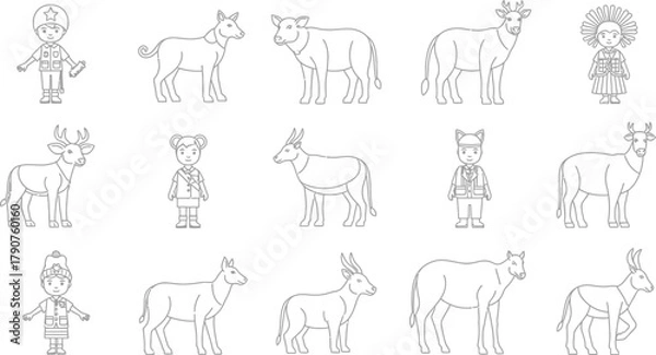 Fototapeta A collection of simple line drawings of animals and people.