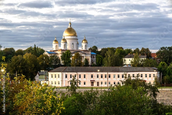 Fototapeta Panoramic view of Borovichi with the Cathedral of the Holy Life-Giving Trinity. Novgorod region, Russia.