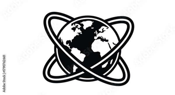 Fototapeta A stylized black and white graphic depicts the globe with intersecting orbital rings.