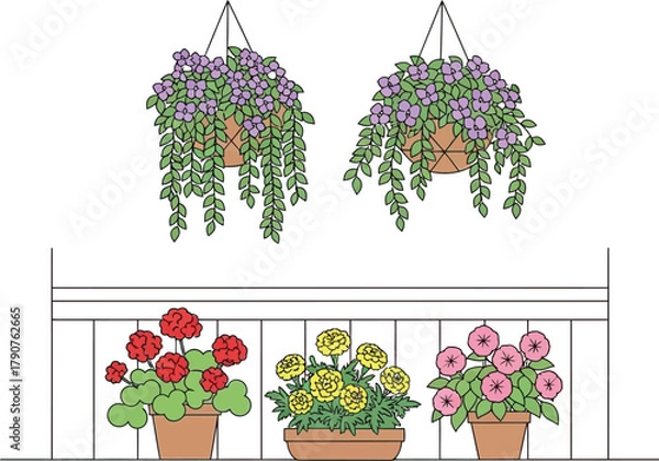 Fototapeta Various potted plants and hanging baskets adorn a balcony railing.