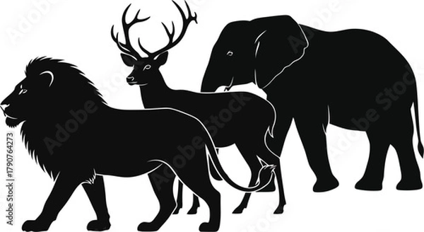 Fototapeta Silhouettes of a lion, a deer, and an elephant stand together in a line.