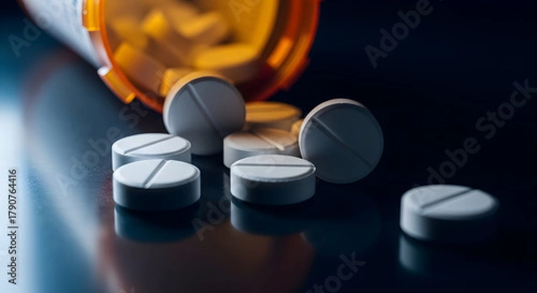 Obraz Explore the potential of pharmaceutical research with this captivating image of white pills spilled near a vibrant orange prescription bottle, showing hope.