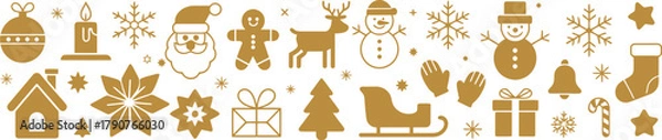 Fototapeta Golden Christmas and Winter Holiday Icon Pattern Border with Santa Claus, Snowman, Reindeer, Sleigh, Tree, and Other Festive Elements
