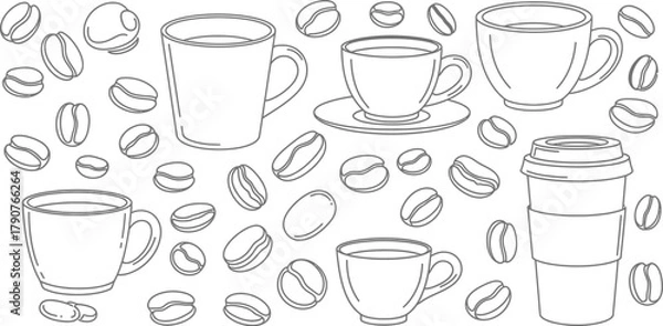 Fototapeta A collection of coffee cups and scattered coffee beans are depicted in a line drawing.