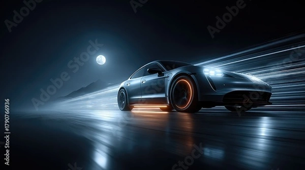 Fototapeta A sleek modern sedan shown as a holographic blueprint with glowing wheels against a dark background with a full moon. A concept for automotive innovation and high-tech diagnostics.