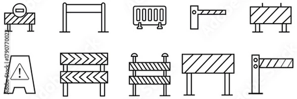 Obraz Set of roadblock icons vector graphics. Contains as traffic safety, under construction barriers, caution signs. Road block thin linear outline icons set on white background. vector illustration.