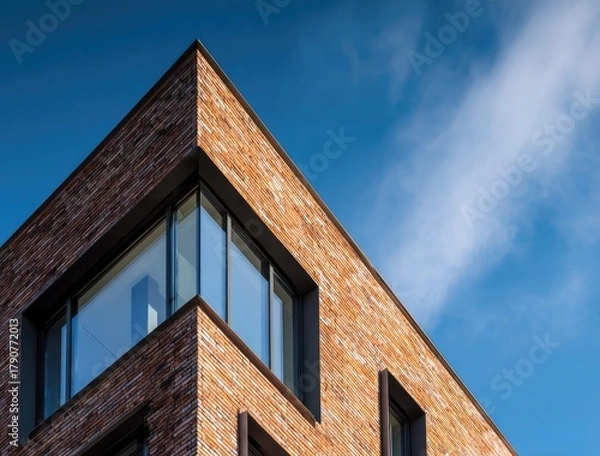 Fototapeta A low-angle view of a modern brick apartment building or condominium with large windows against a blue sky. A concept for urban real estate, housing, and contemporary architecture.