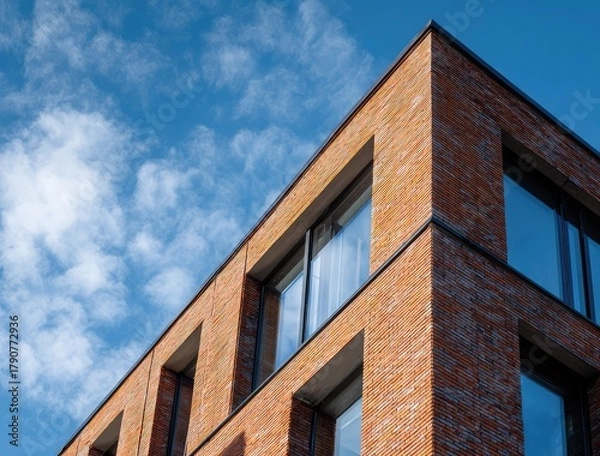 Fototapeta A low-angle view of a modern brick apartment building or condominium with large windows against a blue sky. A concept for urban real estate, housing, and contemporary architecture.