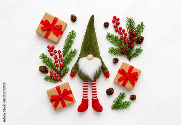 Obraz Flat lay Christmas composition with cute gnome, pine branches, red berries, cones, and gift boxes on white background. Festive holiday decoration in Scandinavian style.