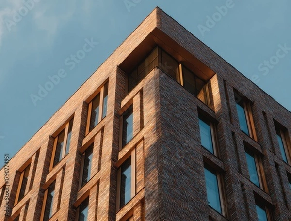 Fototapeta A low-angle view of a modern brick apartment building or condominium with large windows against a blue sky. A concept for urban real estate, housing, and contemporary architecture.