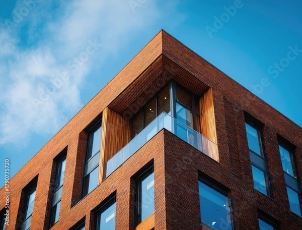 Fototapeta A low-angle view of a modern brick apartment building or condominium with large windows against a blue sky. A concept for urban real estate, housing, and contemporary architecture.