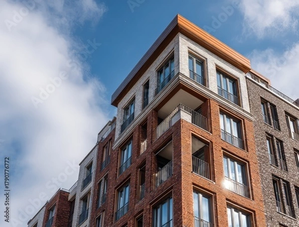 Fototapeta A low-angle view of a modern brick apartment building or condominium with large windows against a blue sky. A concept for urban real estate, housing, and contemporary architecture.