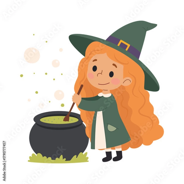 Fototapeta A little witch is brewing a potion in a cauldron.Cute Little Red Haired Girl in Witch Costume Vector Illustration