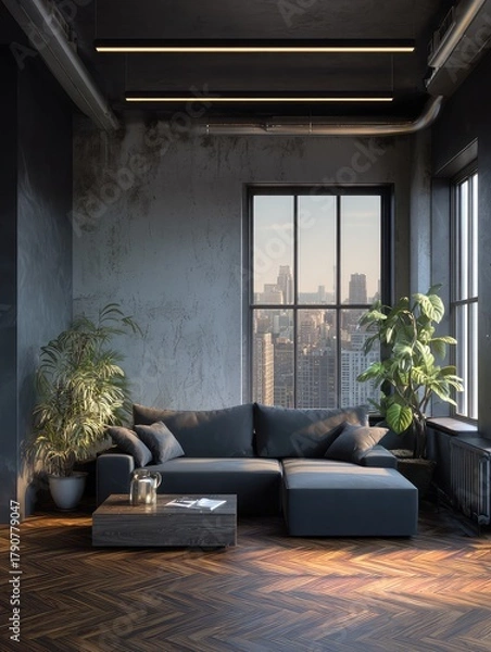 Fototapeta Interior of a modern, moody industrial-style living room in a loft apartment, featuring concrete walls, a gray sofa, and large windows with a city view.