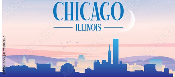 Fototapeta Panoramic poster of the city skyline with misty background buildings, hills sunrise, sunset and clouds of CHICAGO, UNITED STATES