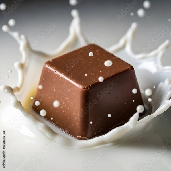 Obraz Chocolate Praline Dropping into Milk, Macro Splash, with Studio Lighting