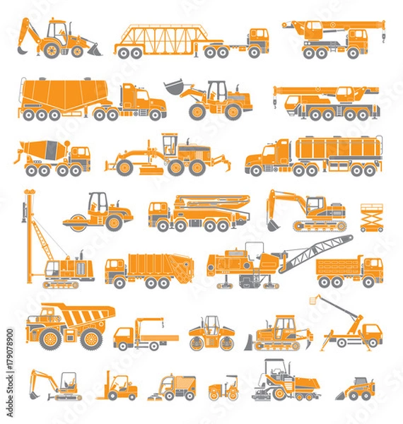 Obraz Duży zestaw sprzętu budowlanego. Specjalne maszyny do prac budowlanych. Wózki widłowe, dźwigi, koparki, traktory, spychacze, ciężarówki. Specjalny sprzęt. Naprawa dróg. Pojazdy reklamowe. Ikony