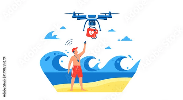 Obraz Lifeguard Uses Drone to Deliver Defibrillator on Beach for Rapid Medical Assistance