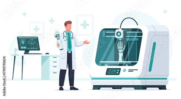 Obraz Medical innovation concept with a doctor showcasing 3D printed bone structures and technology for