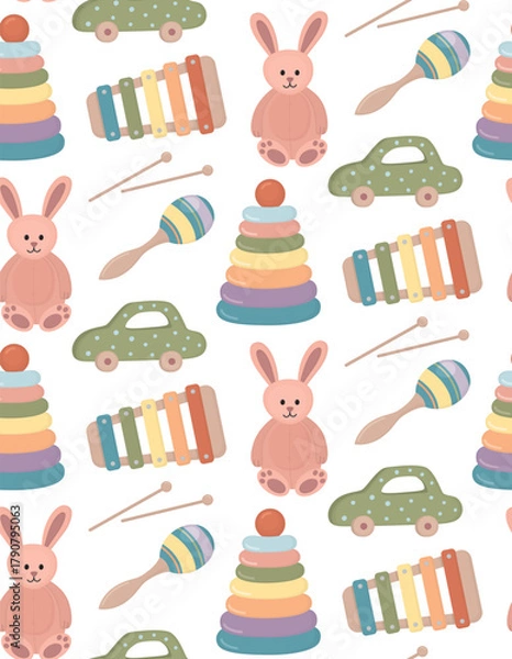 Fototapeta Seamless pattern with cute baby toys. Background with wooden car, pink rabbit, xylophone, pyramid and maracas