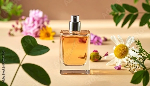 Obraz Perfume bottle amidst flowers, sunlight, and greenery on a soft beige backdrop creating a natural, fragrant scene