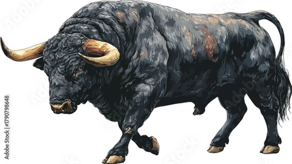 Fototapeta Majestic Black Bull with Enormous Horns Vector Illustration