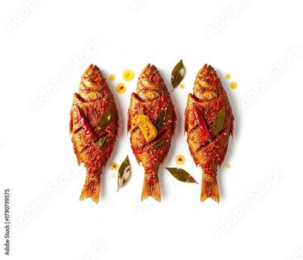 Fototapeta Spicy fried fish with chili bay leaves and mustard seeds isolated on white background