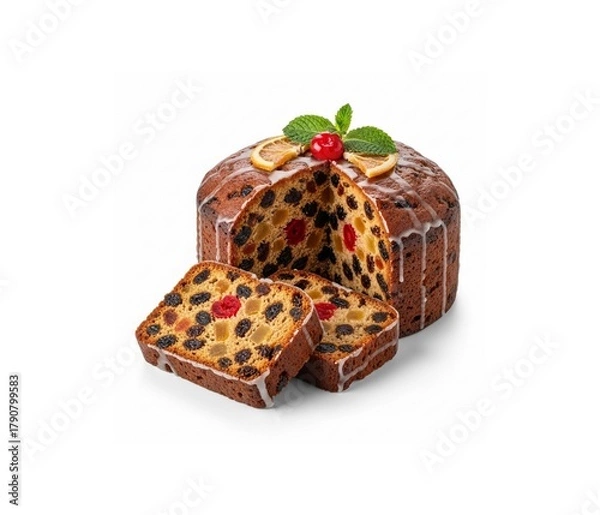 Fototapeta Festive fruitcake with glazed icing and dried fruit filling on white background