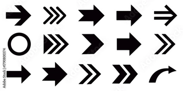 Fototapeta Bold directional arrow symbol set with modern geometric navigation icons, curved and straight pointer shapes, abstract guide element collection for map and digital interface designs