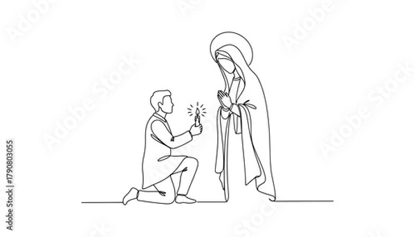 Fototapeta Man holding candle prayer to Virgin Mary in serene moment of devotion