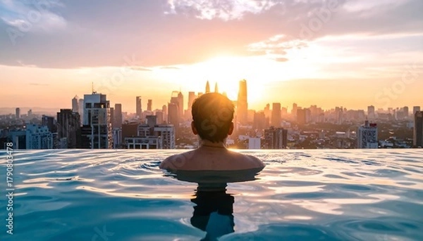 Obraz Person at infinity pool overlooking city skyline at sunrise
