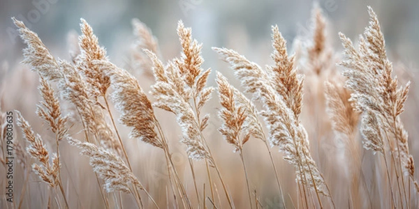 Fototapeta A sunlit field of tall wild grasses gently swaying in the breeze after the first frosty night