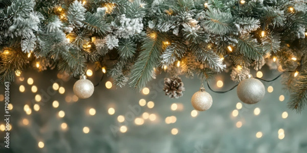 Fototapeta Close up christmas tree branches in sage green with white lights