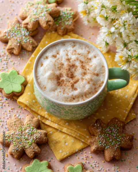 Fototapeta A cup of latte with green and white patterns, surrounded by Irish gingerbread cookies in the shape of stars on yellow cloth napkins
