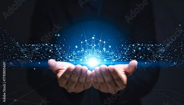 Obraz Person cupping glowing light orb, surrounded by digital network, on geometric grid background