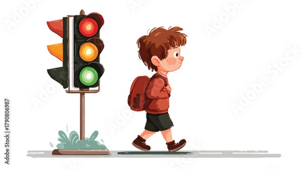 Fototapeta Young Boy Safely Crossing Road at Green Light Vector Illustration