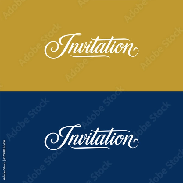 Fototapeta Elegant calligraphic “Invitation” lettering on contrasting gold and navy backgrounds. Minimalist vintage typography perfect for wedding cards, luxury branding, and event design. Part of set.