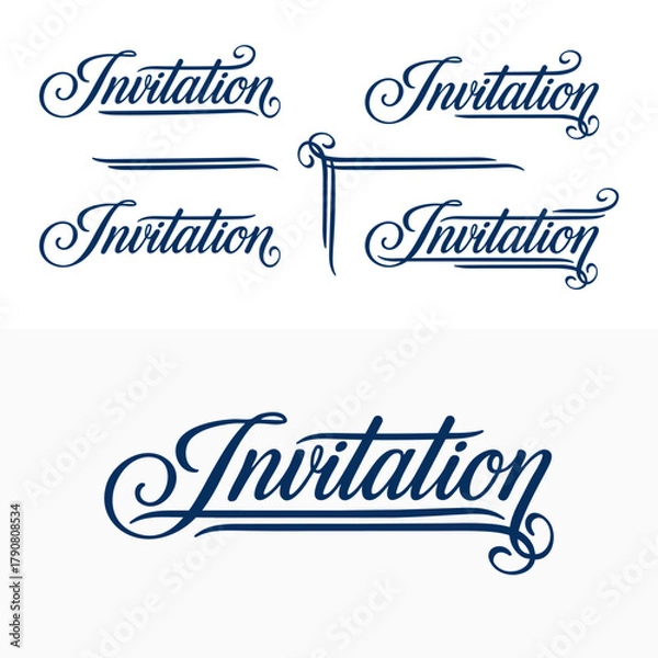 Fototapeta Set of elegant hand-drawn calligraphic “Invitation” lettering designs with graceful flourishes and vintage swashes. Perfect for wedding cards, event templates, or branding. Part of set.