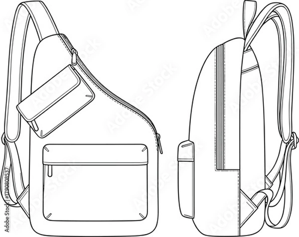 Obraz Modern sling backpack line drawing showing front and side view, minimalist travel bag design, stylish shoulder pack illustration for lifestyle