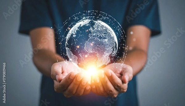 Obraz Person holding a glowing globe encompassed in a network of connected dots with focus on the palms of their hands