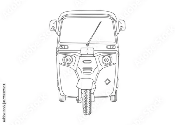 Fototapeta Clean line art illustration of a CNG auto rickshaw front view.
Minimal vector drawing ideal for transport design, city mobility projects, or automotive concept artworks.