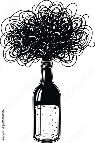 Fototapeta Conceptual illustration of thoughts ideas and problems coming out of bottle