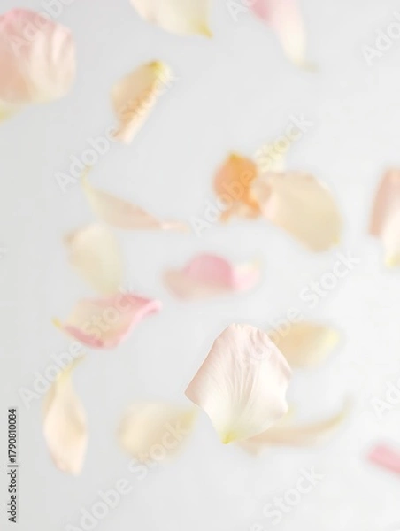 Fototapeta Soft pastel colored flower petals floating gently on a light background
