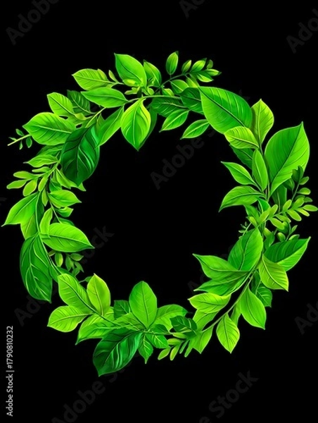 Fototapeta Vibrant green leaves form a circular wreath on a black background
