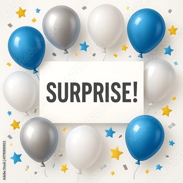Fototapeta Surprise word surrounded by balloons and confetti celebration