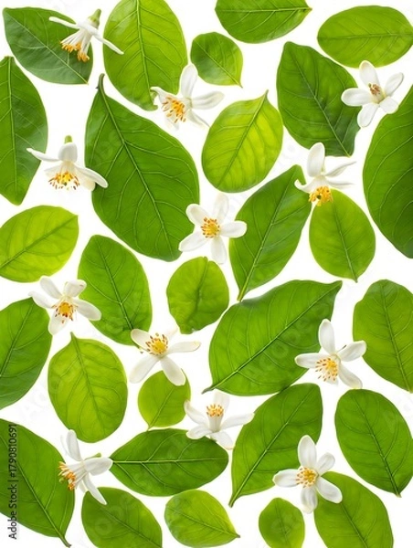 Fototapeta Fresh green leaves and small white flowers pattern