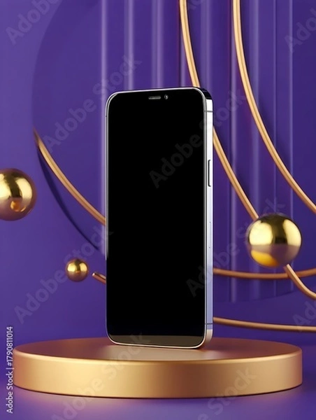 Fototapeta Modern smartphone displayed on a golden pedestal with abstract purple background