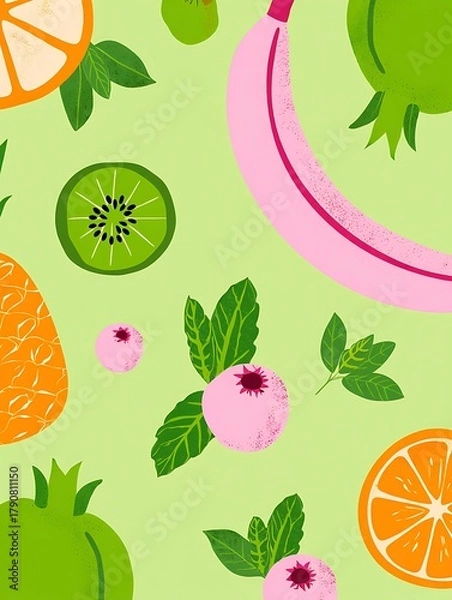 Fototapeta Vibrant seamless pattern of fresh fruits and mint leaves on a light green background