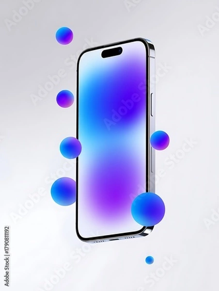 Fototapeta Modern smartphone with vibrant abstract spheres floating around it